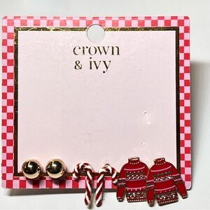 Crown & Ivy Festive Red and Gold Earrings  Set Candy Cane Ugly Christmas Sweater